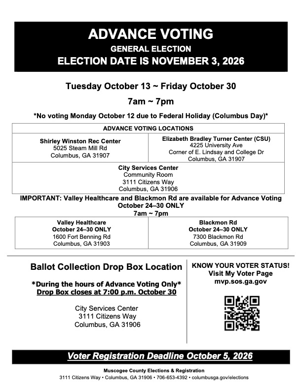 Advanced Voting  - Tuesday Oct 13 to Friday Oct 30 from 7 am to 7 pm