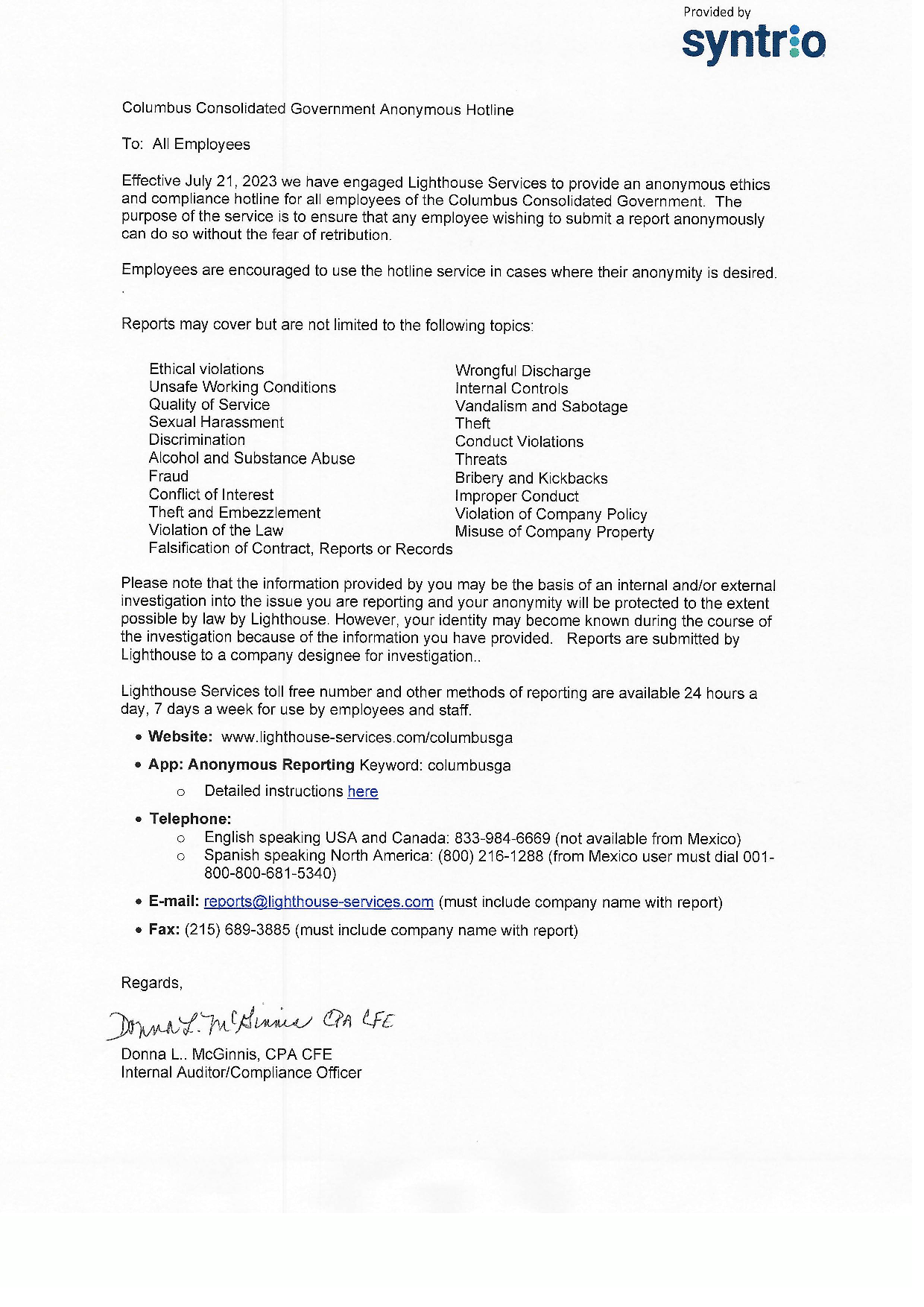 Columbus Consolidated Government Anonymous Hotline